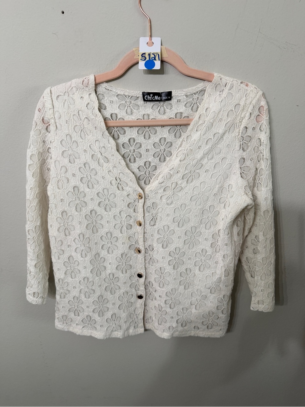 Women’s ChicMe Ivory Floral Lace Button Front Cardigan Size Medium